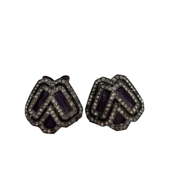 Vintage Shoe Clips Silvertone Rhinestones Purple Velvet 2" Signed - Picture 1 of 7